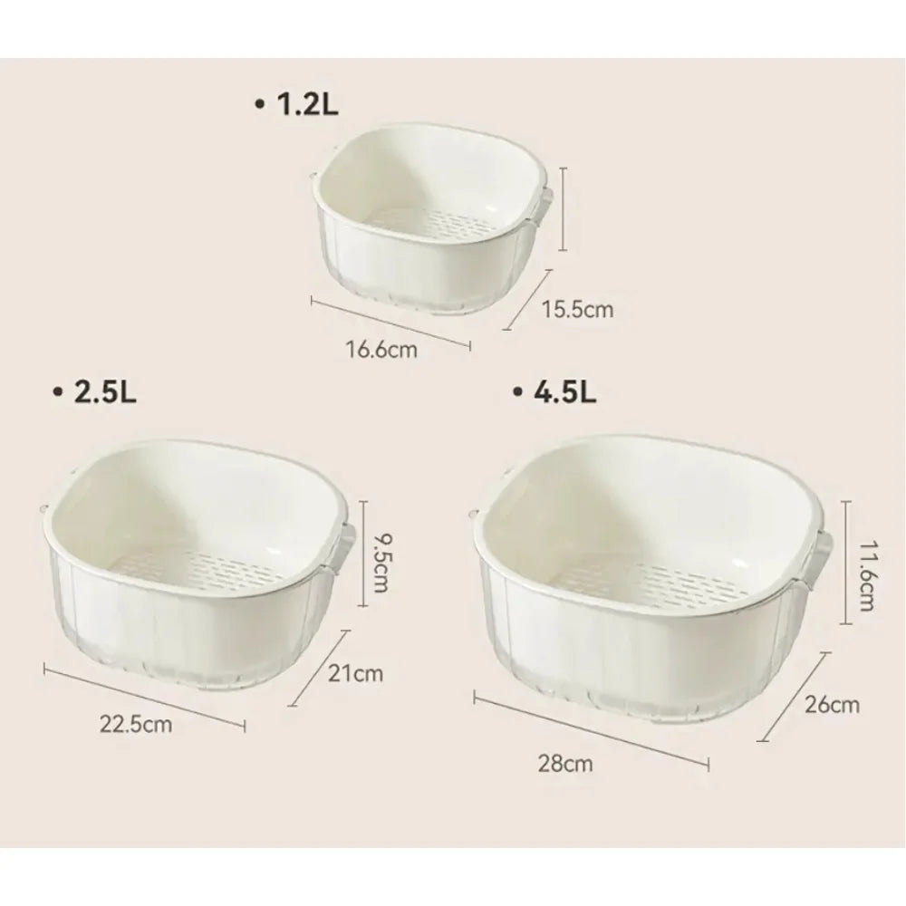 Kit 3 cestos drenagem dupla p/ lavar frutas e legumes – práticos, organizados e multifuncionais.