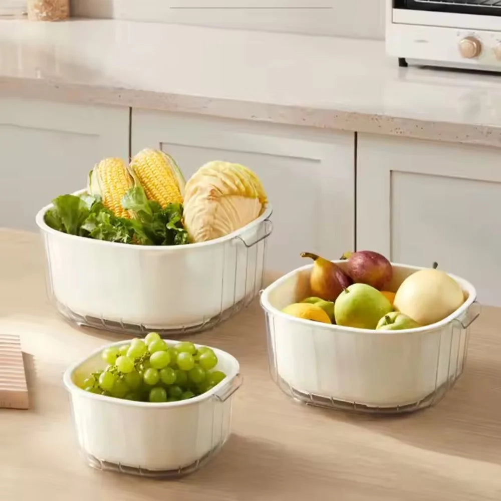 Kit 3 cestos drenagem dupla p/ lavar frutas e legumes – práticos, organizados e multifuncionais.