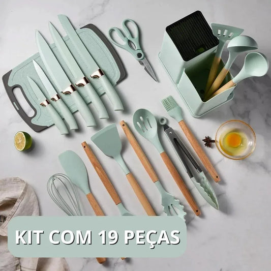 Kit luxo 19 peças de utensílios com tábua e faca