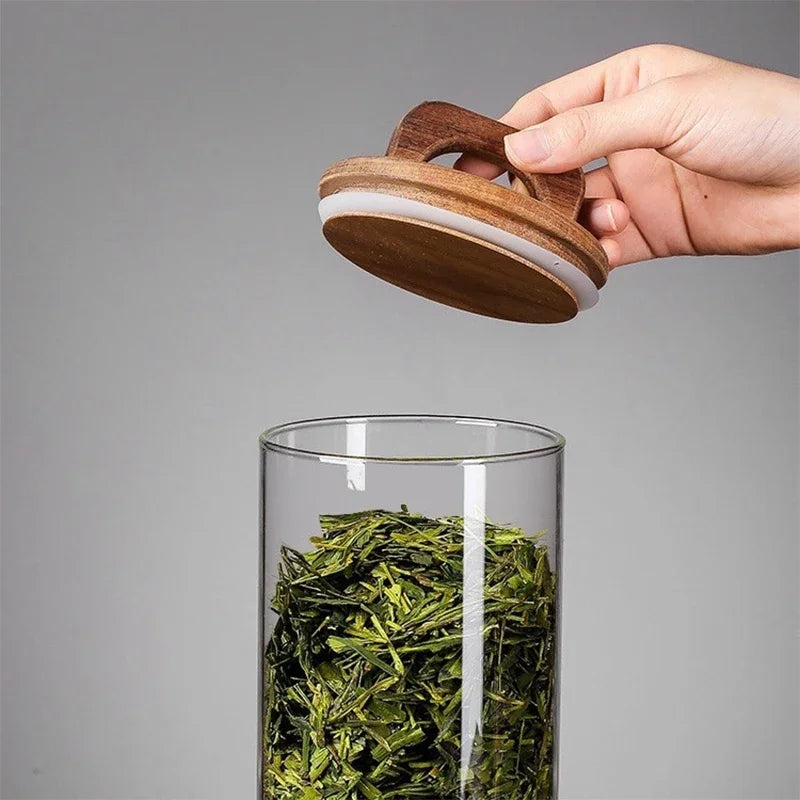 Pote de vidro grosso com tampa de madeira, hermético p/ café, chá, grãos e cereais