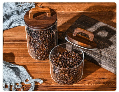 Pote de vidro grosso com tampa de madeira, hermético p/ café, chá, grãos e cereais