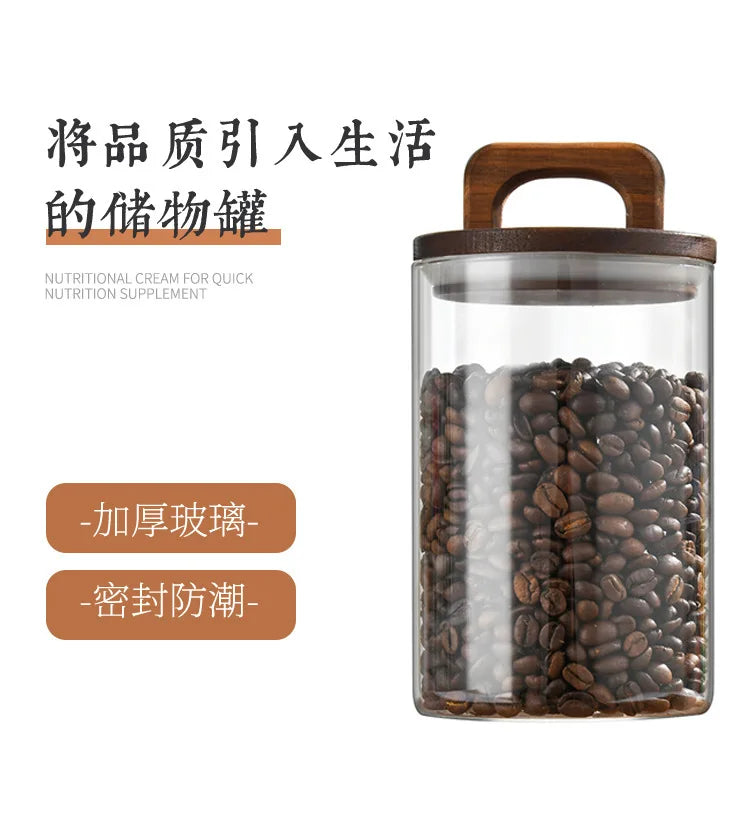 Pote de vidro grosso com tampa de madeira, hermético p/ café, chá, grãos e cereais