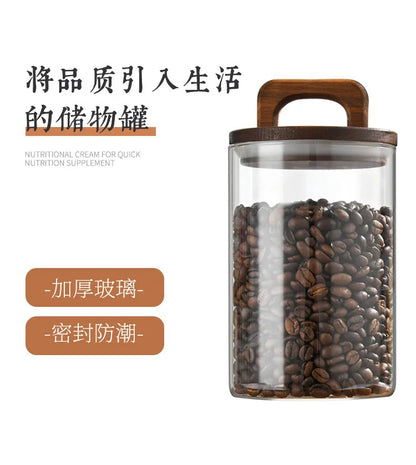 Pote de vidro grosso com tampa de madeira, hermético p/ café, chá, grãos e cereais