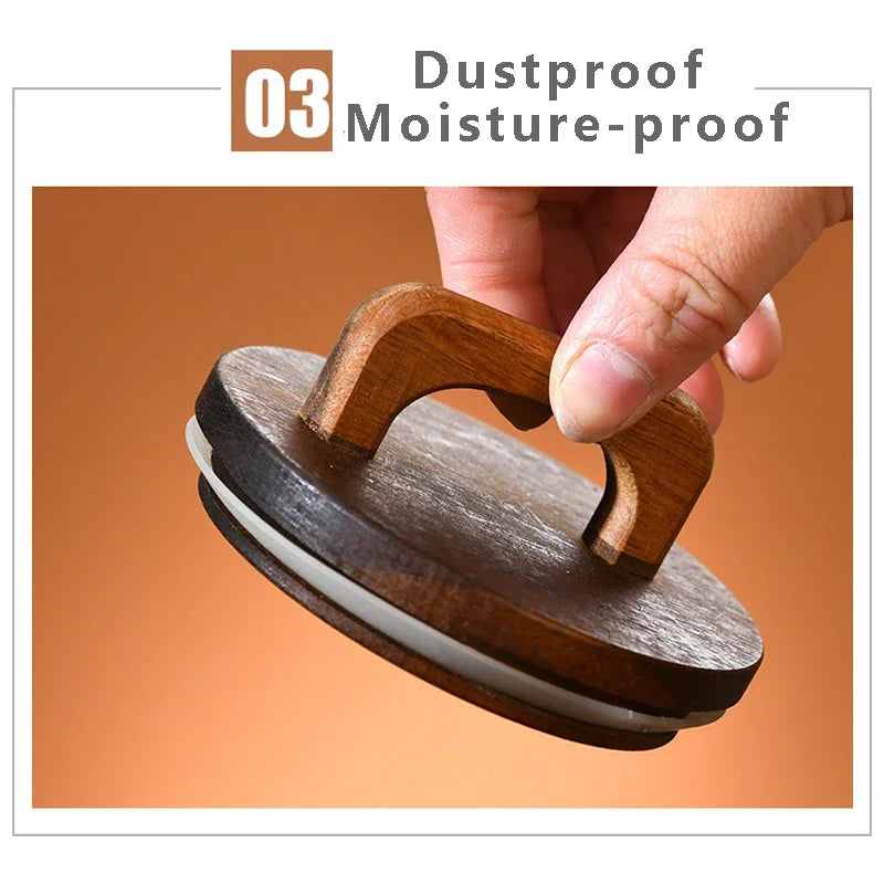 Pote de vidro grosso com tampa de madeira, hermético p/ café, chá, grãos e cereais