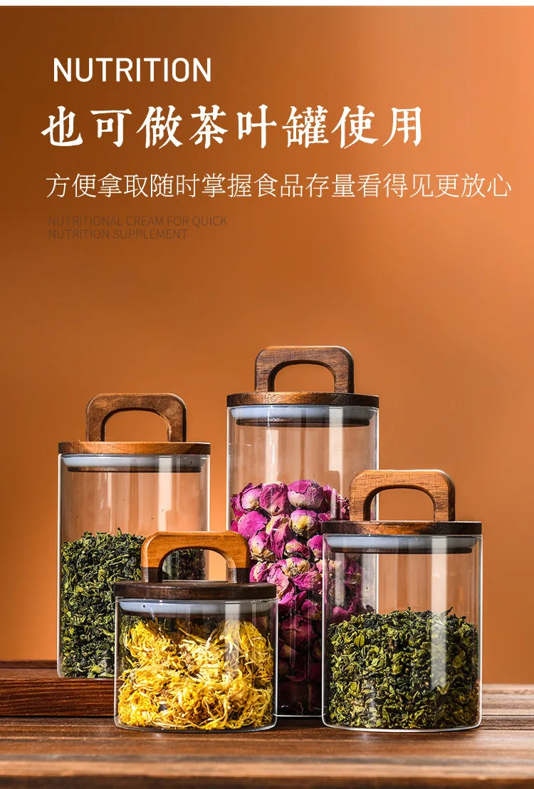 Pote de vidro grosso com tampa de madeira, hermético p/ café, chá, grãos e cereais